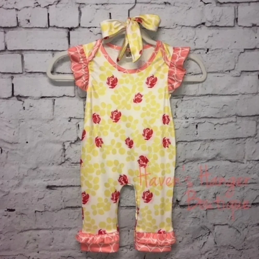 2pc. Roses & Leaves Baby Girl Romper with headband